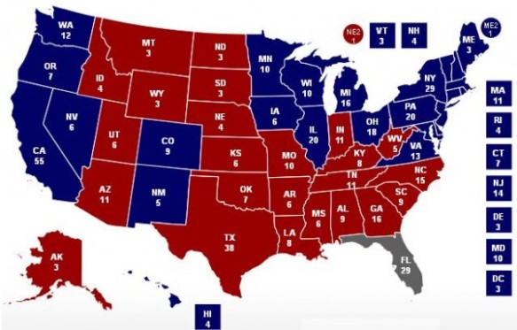 U.S. 2012 ELECTION RESULTS, BLUE STATES  FOR OBAMA, RED STATES FOR ROMNEY. FLORIDA, THE LAST STATE TO BE DECIDED, WENT BLUE. (Map via Wikipedia)