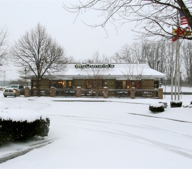 LIGHTS ON, NOBODY'S HOME. McDONALD'S CLOSED, LATE AFTERNOON OF WINTER STORM JANUS